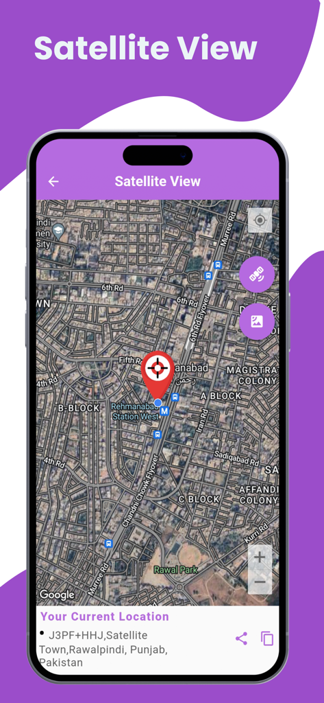 Smartphone showing a high resolution satellite map view with a red pin for current location
