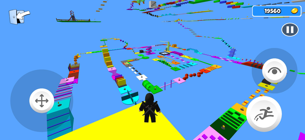 Escape Obby Prison - Ninja character navigating a colorful obstacle course level in a blue sky environment