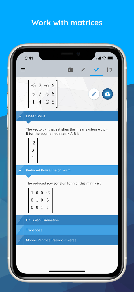 Maple Calculator: Math Solver - Maple Calculator app interface showing a matrix being solved with linear algebra steps