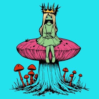 realistic girl sitting on a huge tree stump size toadstool with thorn crown