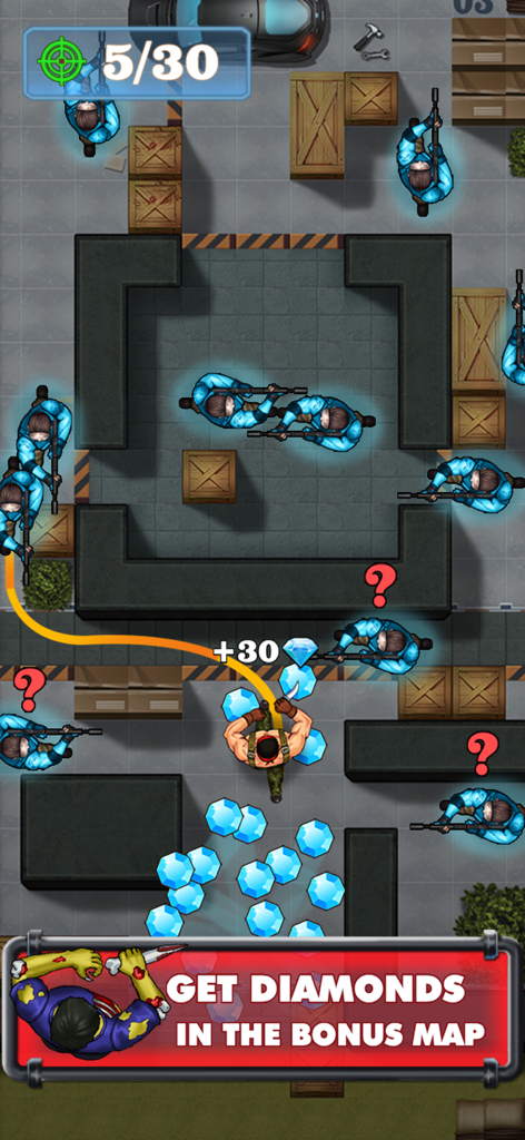 Assassin Hunter CS - Top down view of Assassin Hunter CS gameplay showing an assassin character collecting blue diamonds in a bonus map while avoiding guards