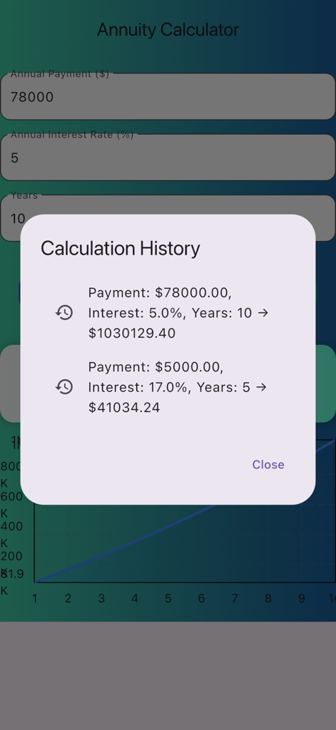 Tela do aplicativo móvel mostrando o histórico de cálculos e um gráfico de crescimento para a Calculadora de Crescimento de Anuidade.