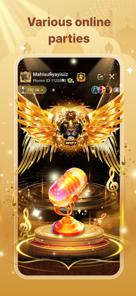 Hayuki - Travel,Chat,Share - Hayuki app screen showing online party chat room with a golden microphone and lion badge