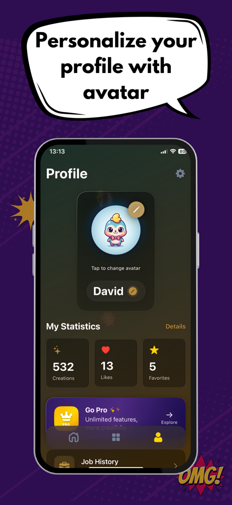 Comic Book Maker - iCartoon - User profile screen of the iCartoon app showing personalized avatar and creation statistics.