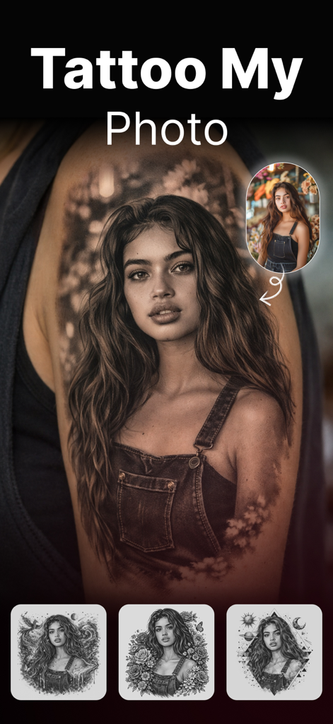 Función del generador de tatuajes IA mostrando una foto de retrato convertida en un diseño de tatuaje realista en un hombro