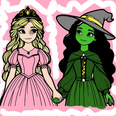 a princess and a witch holding hands realistic