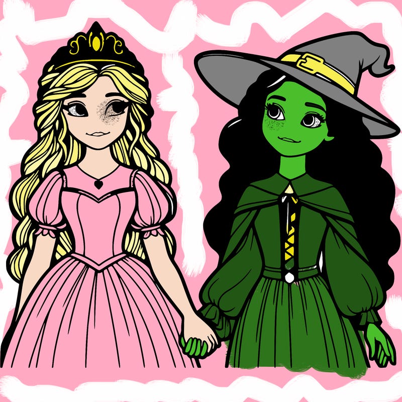 a princess and a witch holding hands realistic