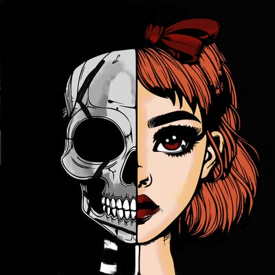 realistic girl with half skull mask