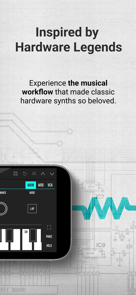 DRC - Polyphonic Synthesizer - DRC Polyphonic Synthesizer mobile app interface showing hardware inspired design