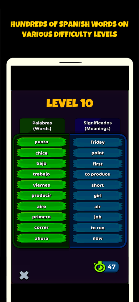 Spanish word matching game interface showing level 10 vocabulary quiz with words and meanings.