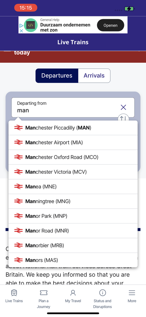 National Rail - Pantalla de trenes en vivo de la aplicación National Rail que muestra una búsqueda de estaciones de Manchester
