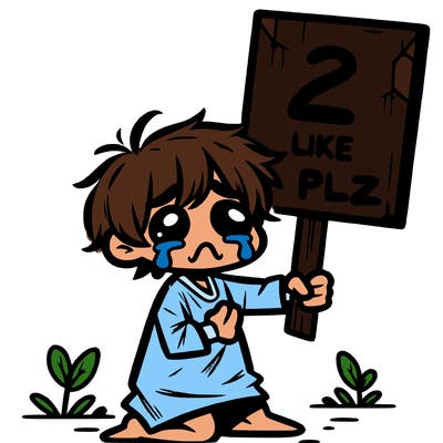 small poor toddler crying with sign that says 2 like plz