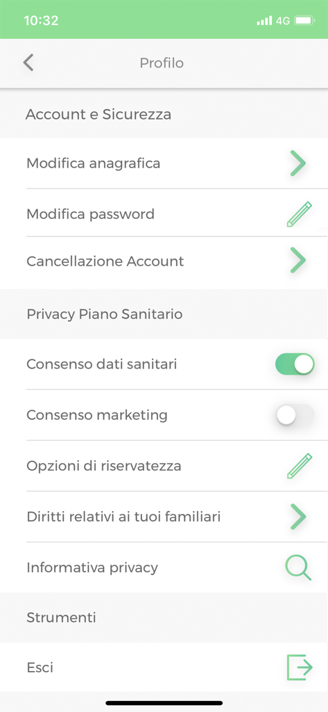 Profile and account security settings screen within the UniSalute Up mobile application