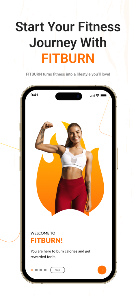 Fitburn - Welcome screen of the Fitburn app showing a woman flexing and text about earning rewards for burning calories