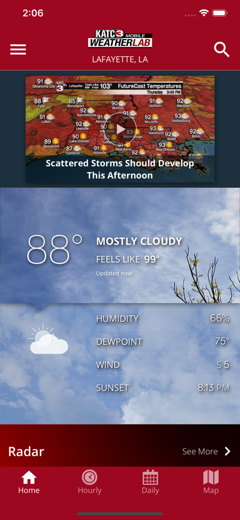 KATC Weather - Interface of the KATC Weather app displaying local Lafayette Louisiana weather conditions and a temperature map