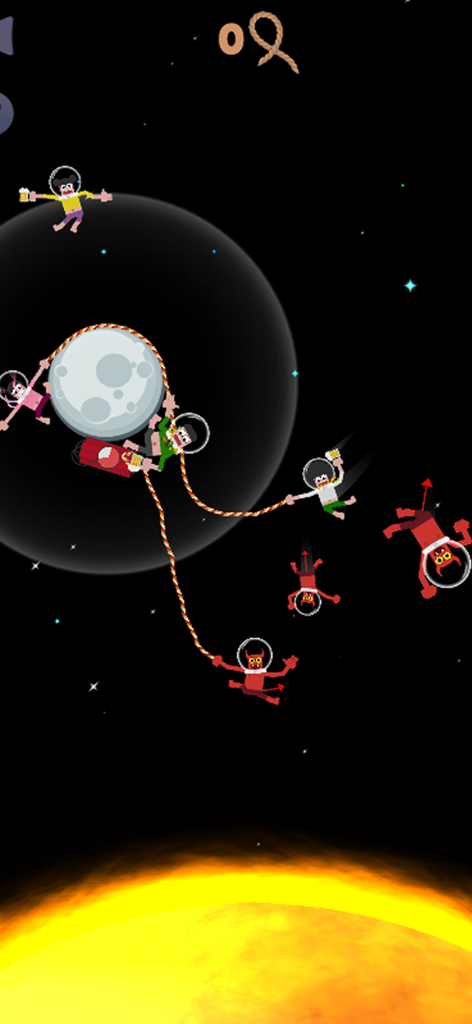 Fall Boys: Rope Rescue - Characters linked by ropes in a space puzzle level.