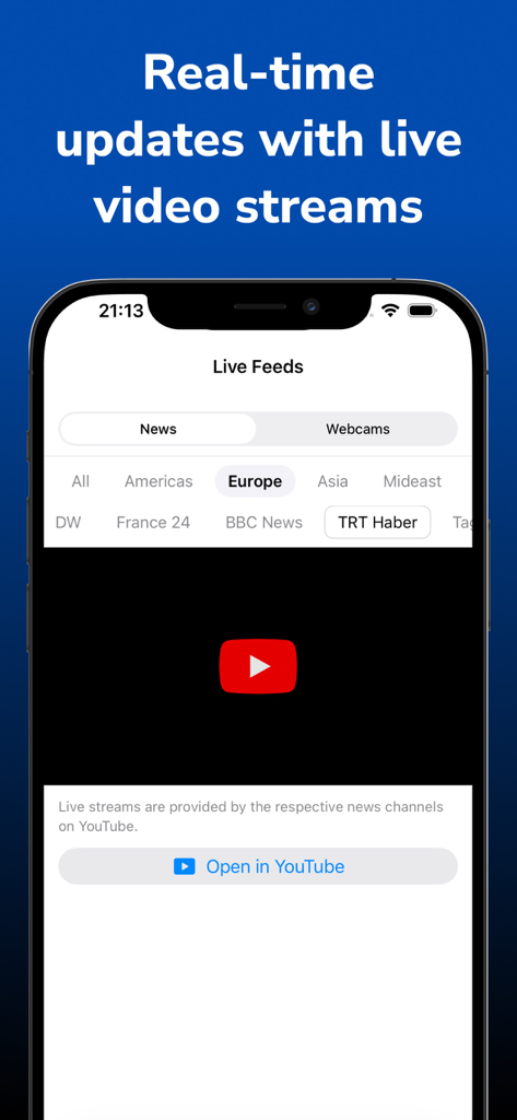 World Monitor - Conflict Track - World Monitor app live news feeds screen featuring global video streams from international channels