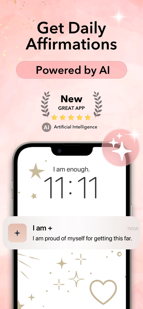 I am + AI Affirmations Widget - Pantalla de smartphone mostrando afirmaciones diarias y notificaciones positivas de IA de la aplicación I am plus