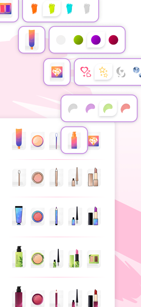 MakeUp Artist Pocket Studio - Interfaccia che mostra vari strumenti di trucco digitali e icone di prodotti cosmetici per la creazione di face chart.