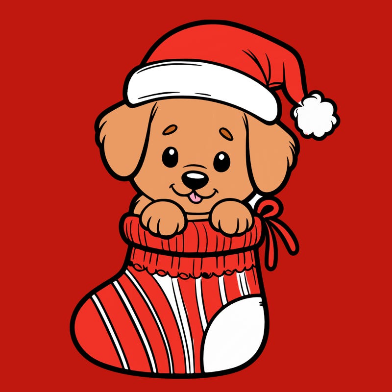cute puppy wearing santa hat in socking