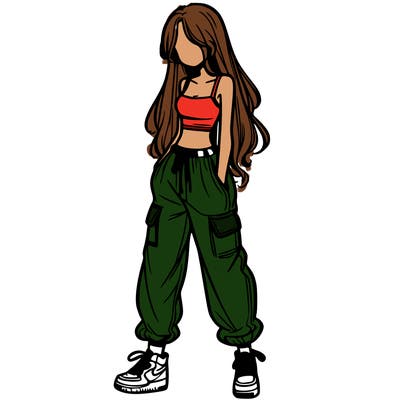 girl in baggy pants crop top and long hair