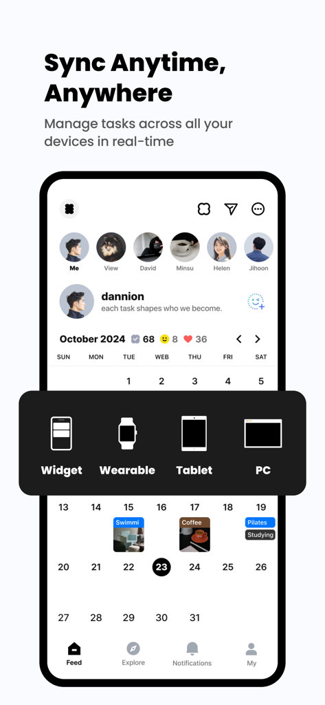 todo mateアプリのインターフェース。モバイルウィジェット、ウェアラブル、タブレット、PC間でリアルタイムのタスク同期を表示しています。