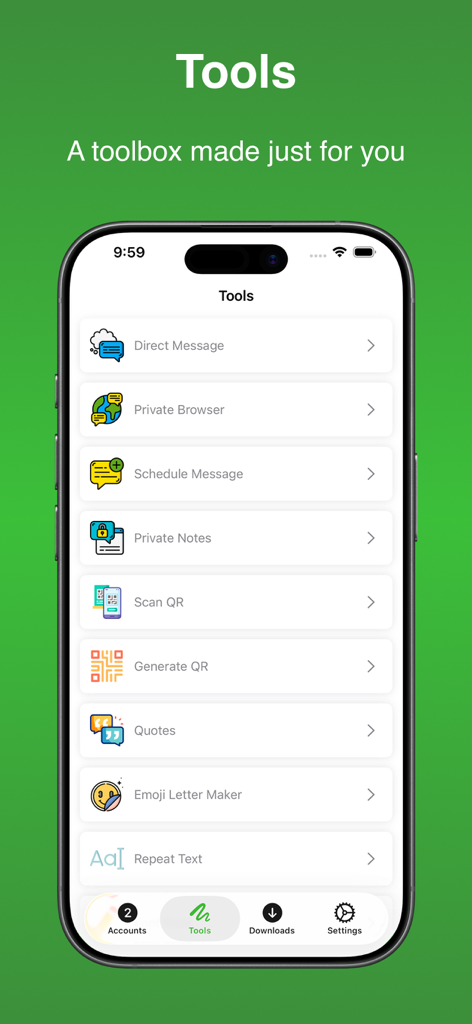 Web Scan - Dual Chat - Web Scan app tools menu displaying direct message, private browser, schedule message, and QR scanner features.