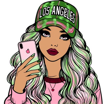 realistic beautiful girl wearing los ángeles cap holding an iphone