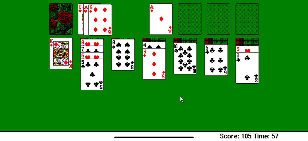 Retro solitaire gameplay with classic 16-color graphics and a green background