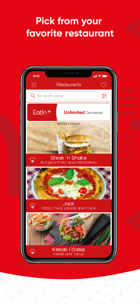 EatIn Monaco - Interface de l'application EatIn Monaco affichant une liste de restaurants comme Steak n Shake et Jack avec une bannière EatIn plus pour des livraisons illimitées.