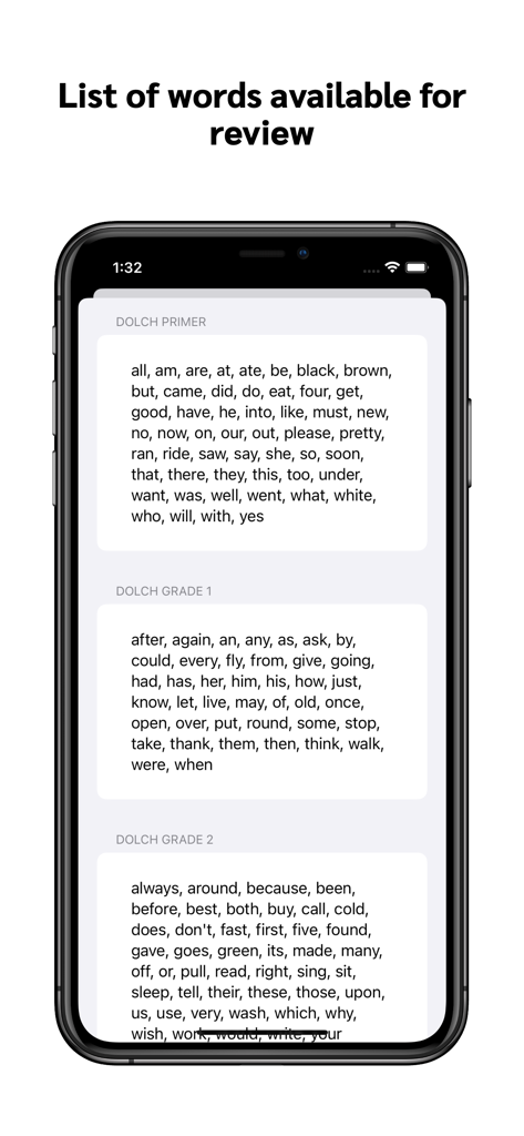 Sight Words Flash Cards - Interface showing Dolch sight word lists for primer and elementary grades