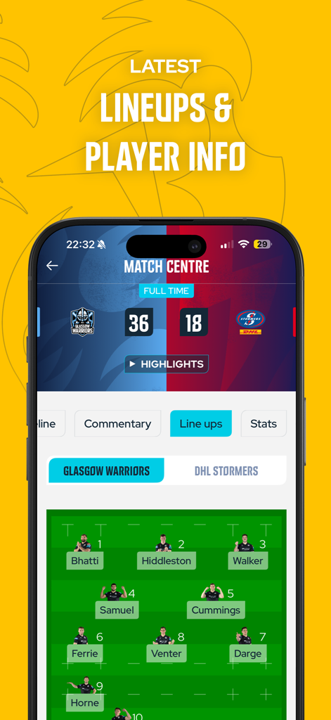 United Rugby Championship app showing match centre with team lineups and player info