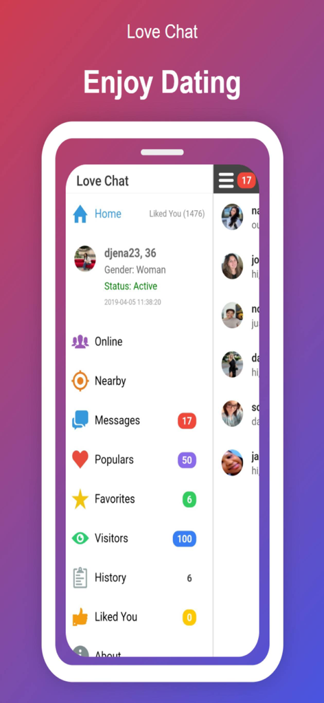 Live Chat: Dating Love App - Love Chat Dating App Startbildschirm zeigt Navigationsmenü und Benutzerprofilstatus