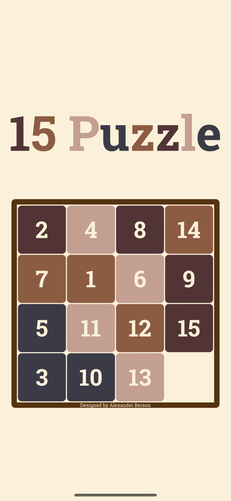 15 Puzzle - Tablero clásico del juego 15 Puzzle con bloques deslizantes numerados en marrón y beige