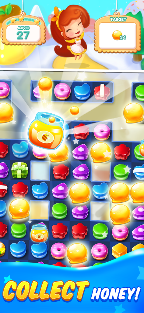 Candy Match 3 Mania puzzle game screen showing a honey collection objective