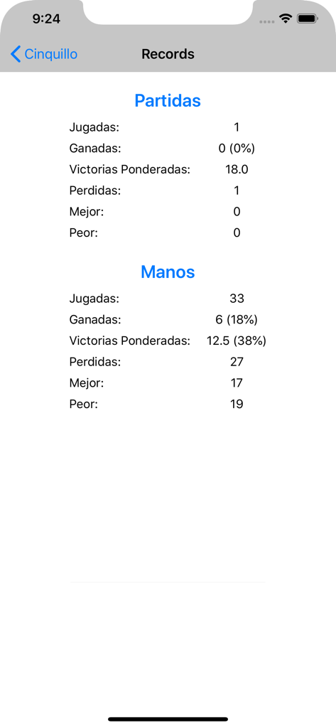 iCinquillo - Game records and statistics screen for the iCinquillo Spanish card game app.