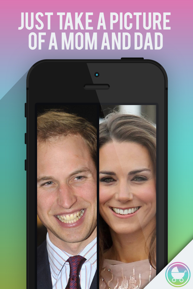 Baby Maker - See Your Future Child, Mix Mom & Dad Faces, and Make Beautiful Babies - A smartphone showing the Baby Maker app interface with photos of a man and woman side by side for face blending