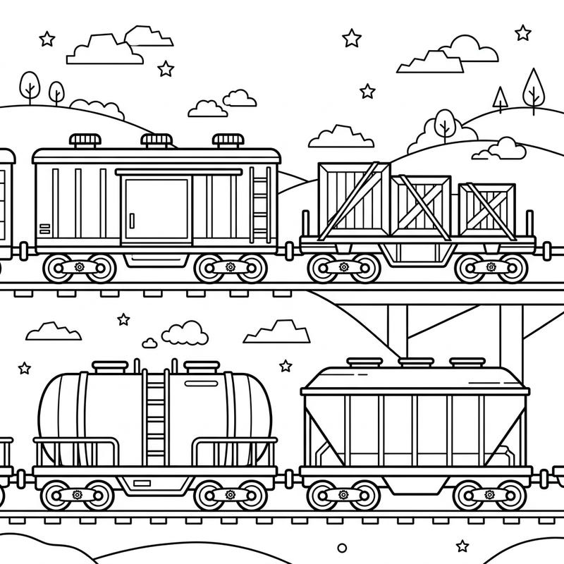 Embark on a coloring adventure with this detailed freight train scene, perfect for young enthusiasts. Explore different types of cargo cars as they journey across the landscape, waiting for your creative touch.