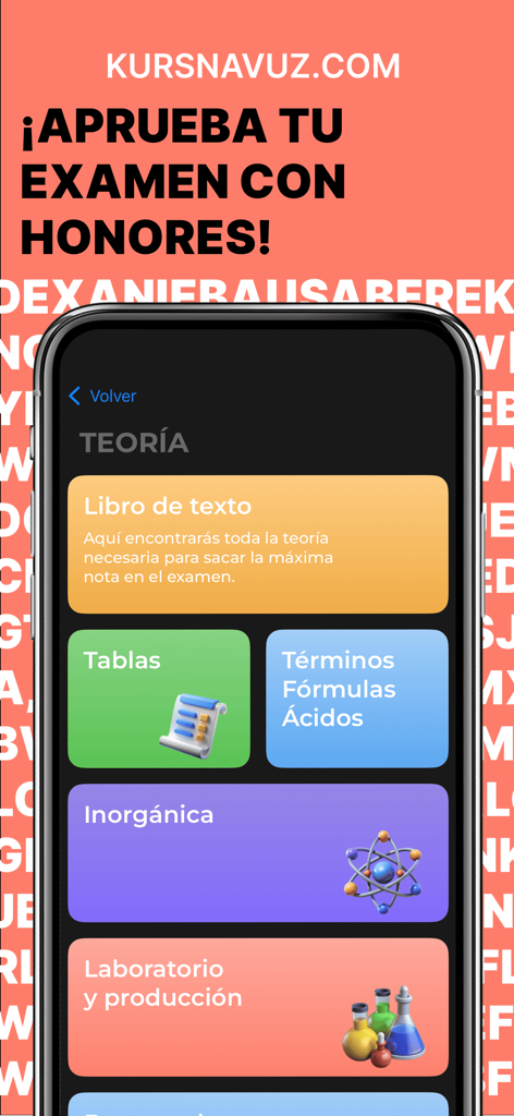Química: teoría y ejercicios - 化学理論セクションのインターフェース。さまざまな学習モジュールとカテゴリが表示されています