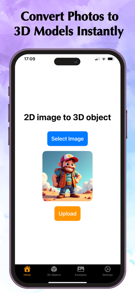 Pic3D Maker - Image to 3D - Pic3D Maker mobile app interface showing the process to convert a 2D character image into a 3D object