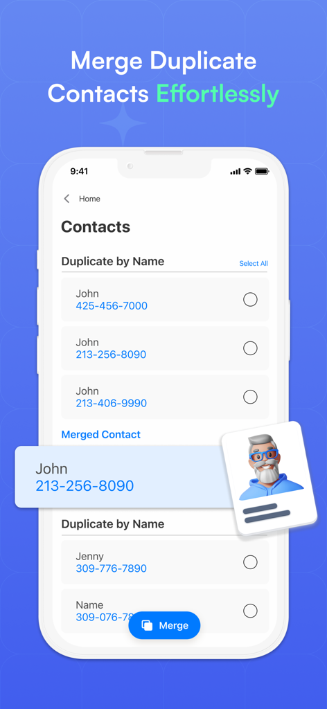Clean Phone Storage Now - Clean Phone Storage Now app interface for merging duplicate contacts effortlessly.