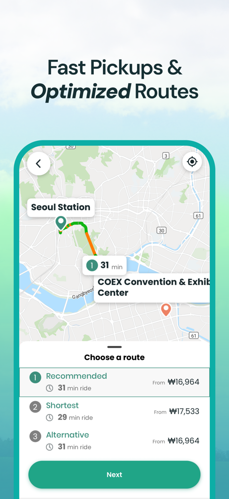 TABA - Get a taxi in Korea - ソウル駅からCOEXコンベンションセンターまでのルートオプションと料金見積もりを表示するTABAタクシーアプリ