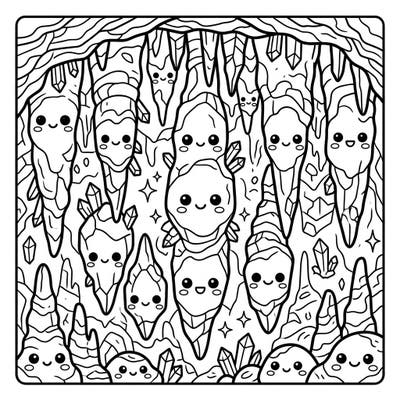 Explore a delightful underground world with this enchanting coloring page featuring cute Kawaii stalactites and sparkling cave crystals. Bring these smiling geological wonders to life with your favorite colors.