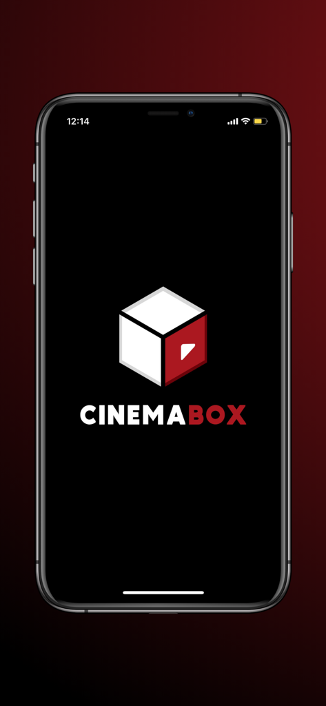 Startbildschirm der Cinema Box App, der das 3D-Würfellogo und den Markennamen auf einem Smartphone zeigt