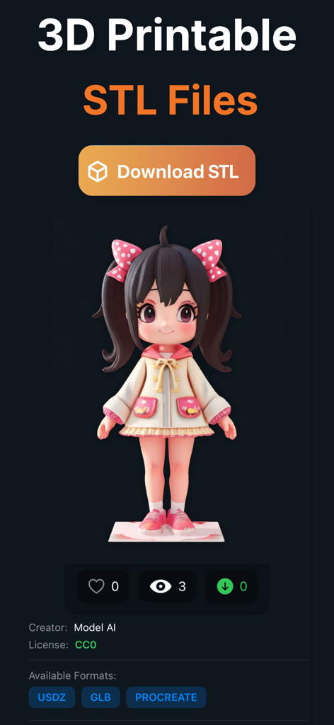 Remeshy app screen showing a 3D printable anime girl character model with an STL download button