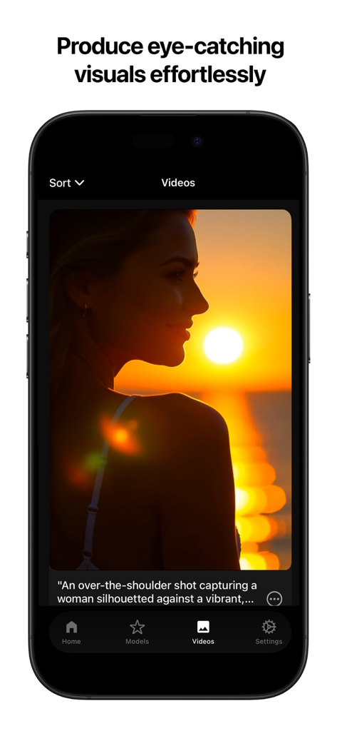 AI Box - Video Generation - Interfaz de la aplicación móvil AI Box que muestra un vídeo cinematográfico generado por IA de una mujer en silueta contra una puesta de sol