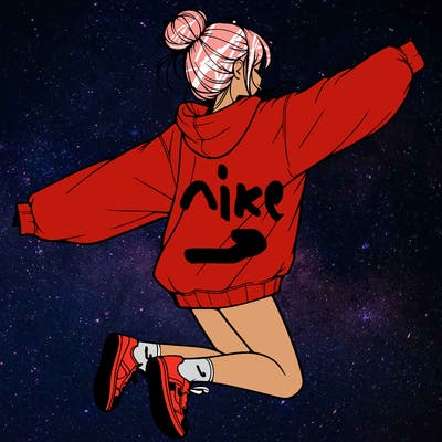 realistic girl jumping with a bun and oversized sweatshirt