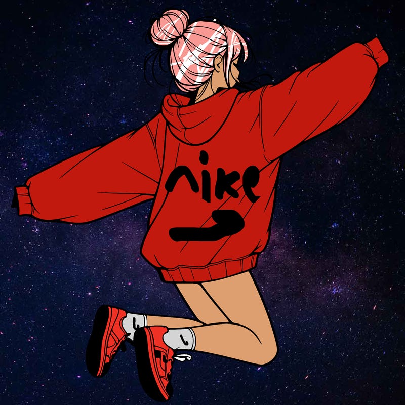 realistic girl jumping with a bun and oversized sweatshirt