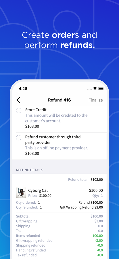BigCommerce - BigCommerce app interface for processing an order refund on a mobile device