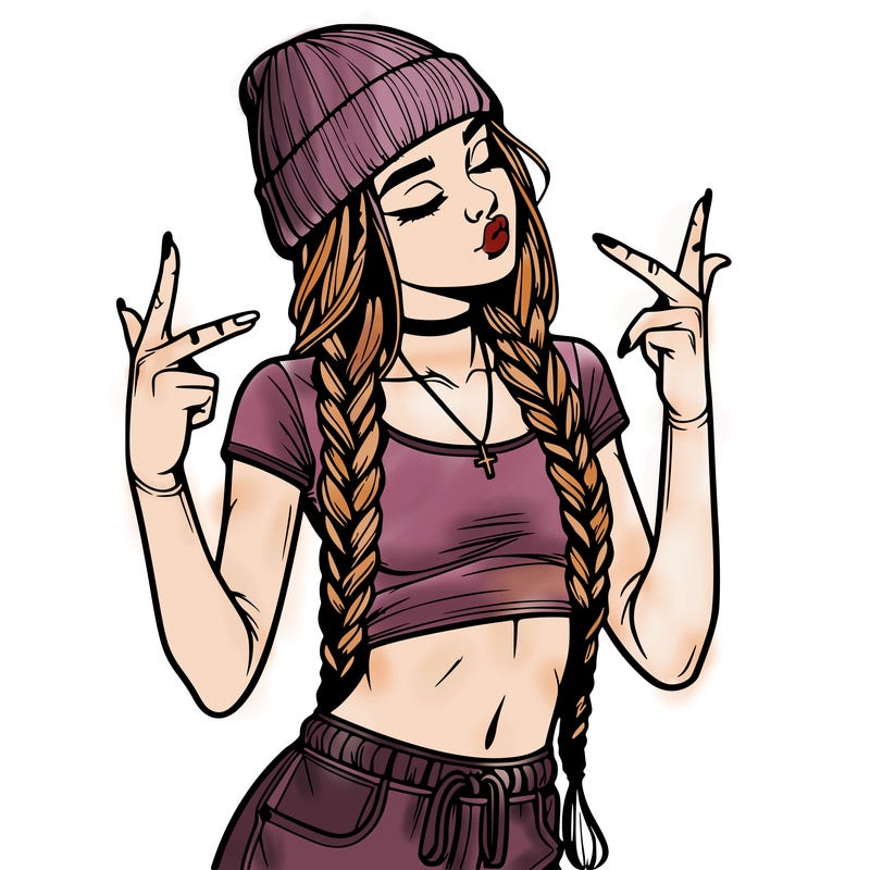 realistic teenage girl with braids and a beanie and crop top doing 🫶🏼
